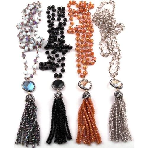 Free Shipping Bohemian Jewelry 5*8 Crystal Rosary Chain Link Crystal Tassel Necklace For Women Ethnic Necklace
