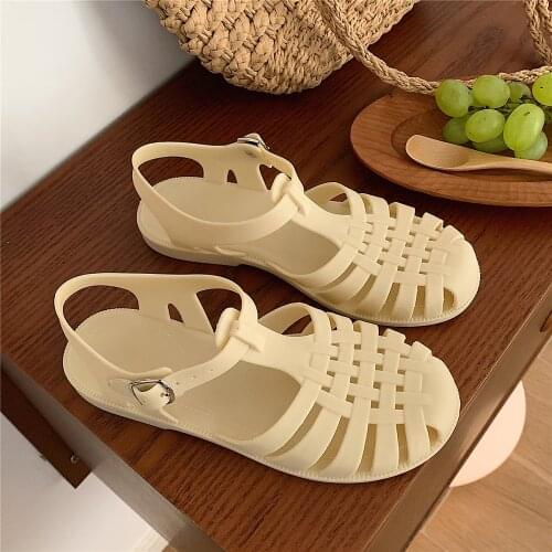 Shoes Sandals Woman Heel Original Breathable 2021 Summer Suit Female Beige Retro Girls Jelly Low Flat Comfort Black Gladiator