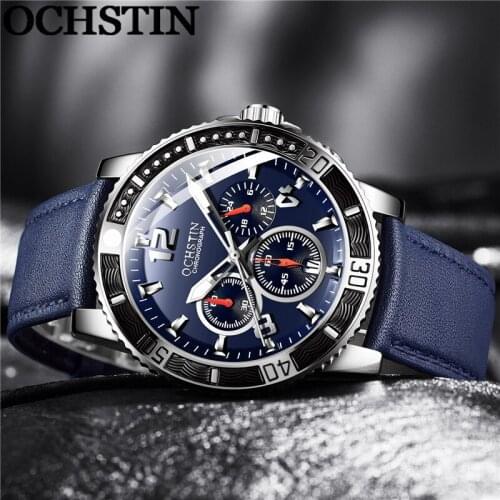 OCHSTIN Man WristWatch Chronograph Sport Men Watch Military Top Brand Luxury Blue Genuine Leather Fashion Male Clock 6045