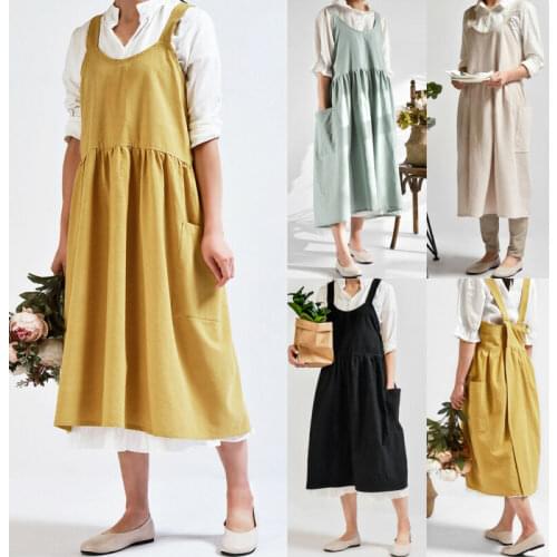 Women Cotton Linen Cross Back Apron Japanese Housework Baking Wrap Florist Dress