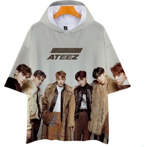 Korean Fashion KPOP ATEEZ Album 3D Print Short Sleeve Hooded T Shirt Women Men Harajuku Casual Loose Hip Hop T-shirt Summer Tops