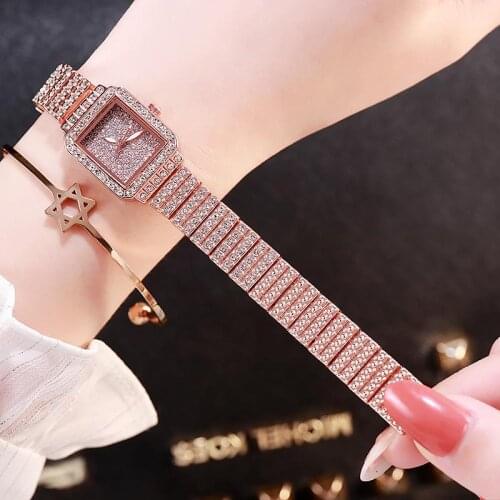 Hot Diamond Watch for Women Luxury Brand Ladies Gold Square Watch Minimalist Analog Quartz Movt Unique Female Womens Wristwatch