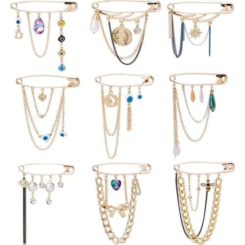 Delicate Enamel Colorful Eye Heart Chains Tassel Brooches Pins For Women Men Vintage Stone Pearl Dress Suit Shirt Lapel Pin