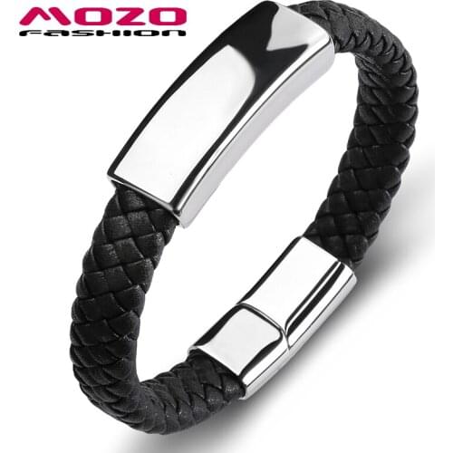 Trendy Men Bracelet Black Leather Glossy Stainless Steel Simple Bangle Collocation Punk Cuffs Male Fashion Jewelry