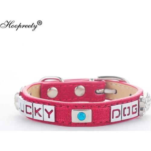 Fashion Personalized "LUCKY DOG" Dog Collar Sapphire Leather Puppy Cat Pet Collars With Rhinestone Bone for Small Medium Dogs 15