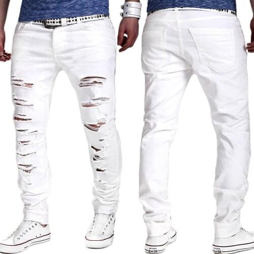 New 2020 Fashion spring autumn Casual hip hop White mens Washing Ripped holes black cowboy leisure slim fit pants trousers men