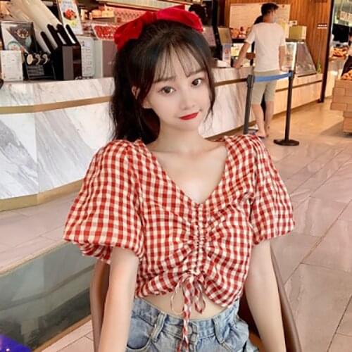 New Summer 2020 Grid Draw String Loose Show Navel Short Design Short - sleeved T-shirt Women V-neck Hubble-bubble Sleeve