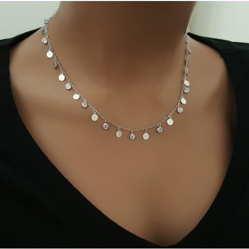 925 Silver Minimalist Disc Cz Diamond Necklace Choker Dainty Necklace
