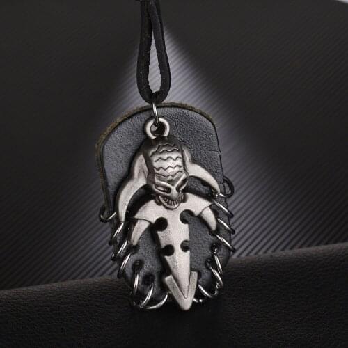 Jewelry Stainless Steel Leather Alien Pendant Necklace Adjustable Drawstring Hip Hop Black Rope Chain Necklace for Men Women