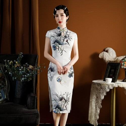 Vintage Button Sexy Print Floral Chinese Dresses Lady Oversize 3xl Mid Length Qipao White Satin Cheongsam Wedding Party Vestidos