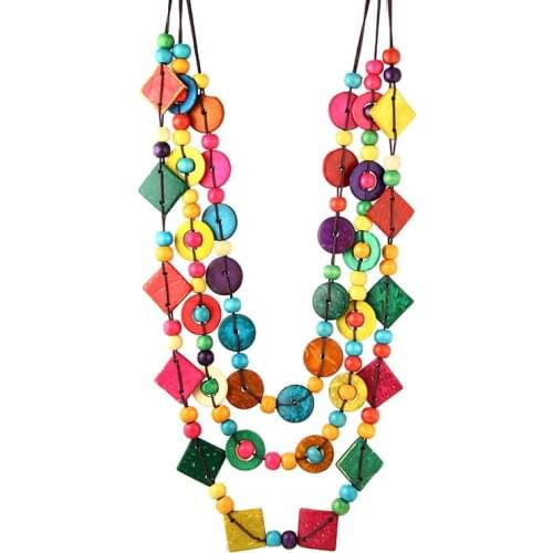 Handmade Beach Bohemia Necklace 's Dopaminergic Multi-Layer Wood Bead Knitted Coconut Shell Necklace For Women