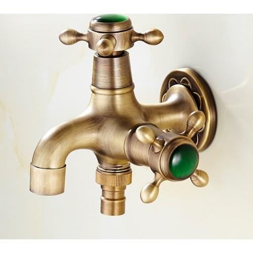 Luxury Antique Brass & Jade Garden faucet washing machine faucet copper bibcocks faucet ,Toilet tap, Double use Outdoor faucet