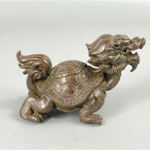 Old Collectible Chinese Solid Copper Pure Handwork Dragon Turtle Antique Statue