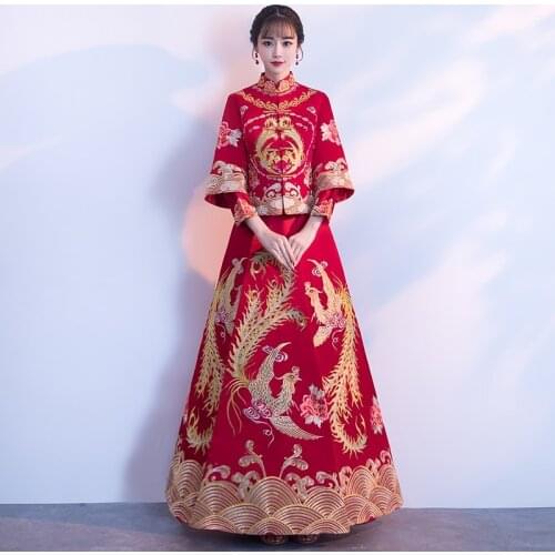 Traditional Chinese Wedding Gown Women Hanfu Dress Shanghai Tang Clothes Female Embroidery Red Cheongsam Wedding Dress FF1725