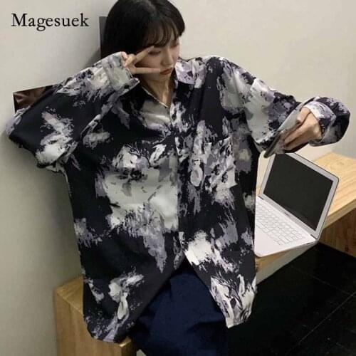 Plus Size Autumn Korean Style New Loose Mid-length Blouse Women Long Sleeve Lapel Chiffon Shirt Print All-match Top Blusas 11773