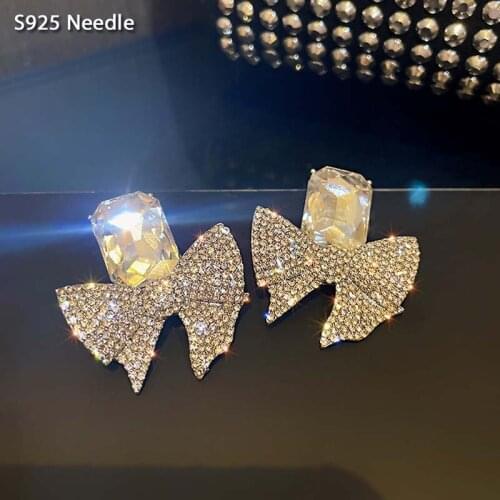 925 Sterling Silver Needle Stud Earrings for Women Jewelry Shining Statement Gold Butterflyknot Crystal Female Earrings