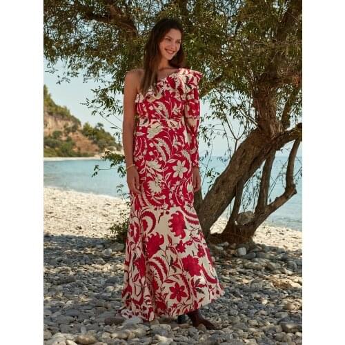 Women Red Floral Printed Single Sleeve Asymmetric Long Dress Spring Summer Beach Holiday Casual Bohemian Style Dresses 2021 New
