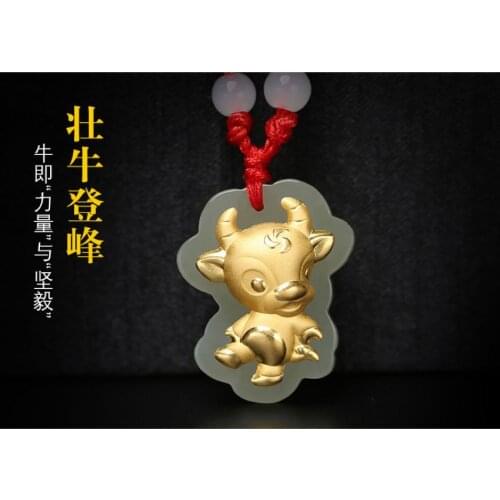 Fine milk color Jade OX inlay gold Pendant jadeite Amulet Hanging Lucky Chinese Zodiac