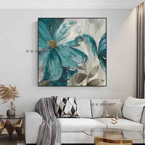 100% Handmade Abstract Oil Painting Blue Flowers Minimalist Modern Wall Art Decorative For Living Room No Frame