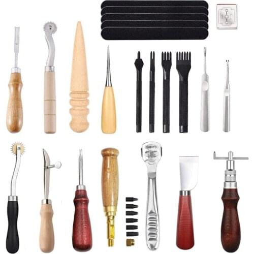 30Pcs DIY Professional Leather Craft Tools Kit Hand Sewing Stitching Punch Carving Work Saddle Groover Set Accessories