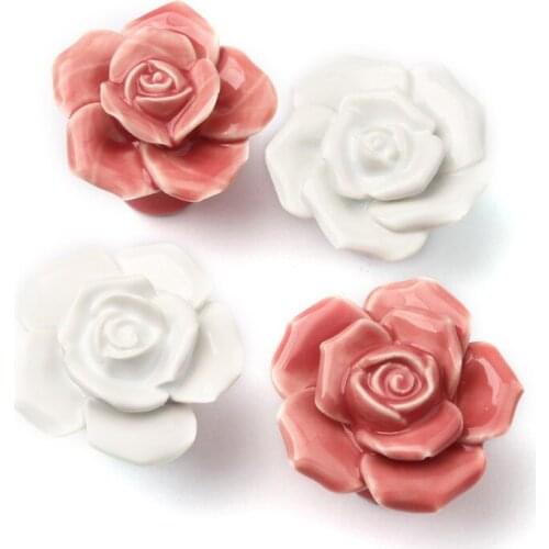 5PCS Ceramic Alloy Door Handles Pink/White Rose Flowers Single Hole Cupboard Dresser Kitchen Furniture Cabinet Pulls Knobs
