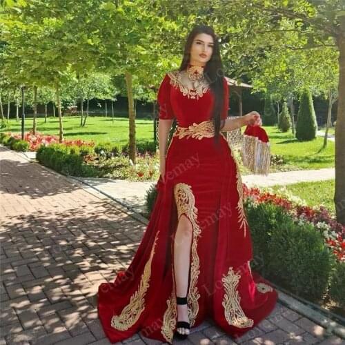 Red Mermaid Karakou Algerian Velvet Evening Dress Half Sleeves Appliques Lace Party Gowns Removbale Court Train Prom Dress