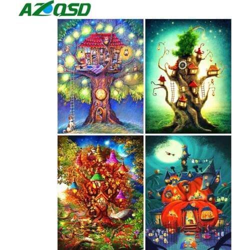 AZQSD Diamond Painting Cartoon Tree Cross Stitch 5D Diamond Embroidery Landscape Mosaic Handmade Rhinestones Home Decor