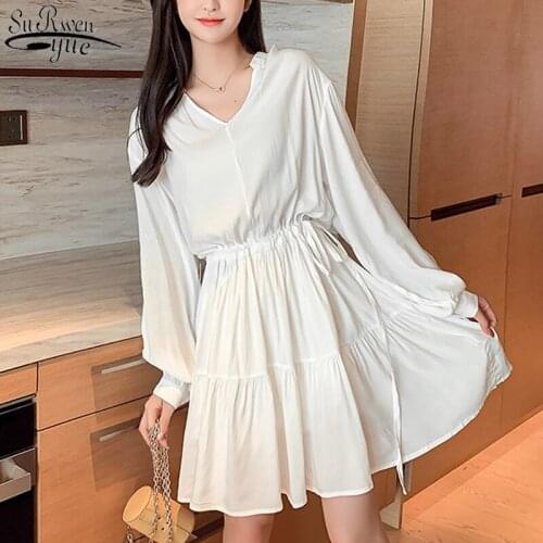 White Long Sleeve Mini DressTemperament Simple Drawstring V-neck High Waist Dresses 2021 Autumn New Korean Women Dress 11421