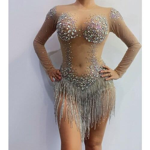 Sparkly Multi-color Rhinestones Fringe Transparent Bodysuit Dance Birthday Celebrate Long Sleeves Women Singer Outfit DWY3252