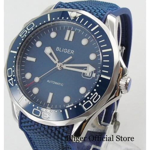 BLIGER Automatic Mens Watch With Date Wristwatch Rubber Strap 41mm Time Watch 21 Jewels MIYOTA 8215