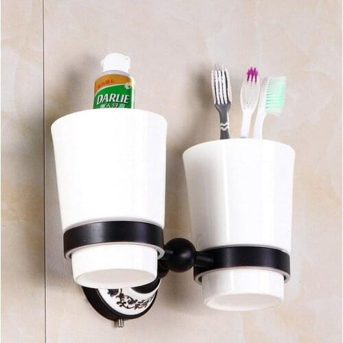Oil Rubbed Bronze Wall Mounted Toothbrush Holder Double Cups Bathroom Accessories KD755