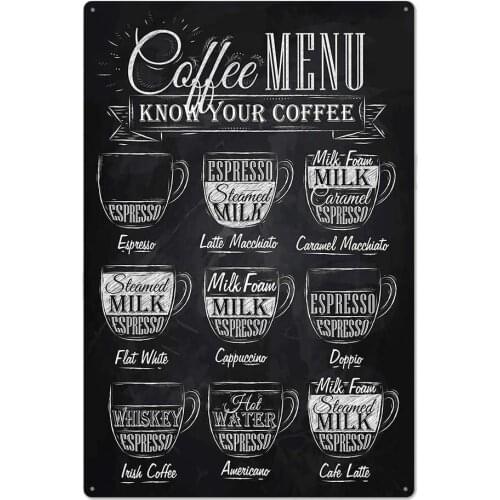 Black Original Retro Design Coffee Menu Tin Metal Wall Art Signs, Cafe/Kitchen/Coffee Corner Thick Tinplate Wall Decoration