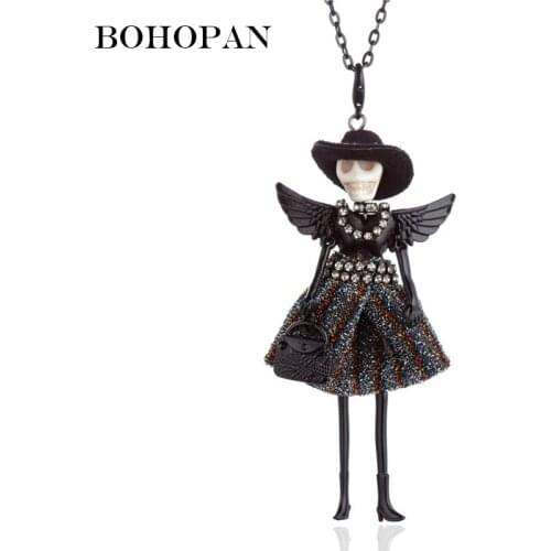 Halloween Doll Necklace Black Wing Shiny Dress Shantou Figure Pendant Necklace Fashion Jewelry Long Chain Party Gifts Bijoux