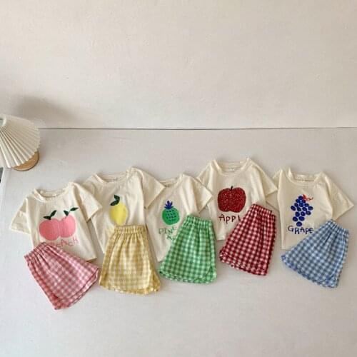 Girls Summer Clothes Sets New Trend Baby Girl Fruits Letter Print T-Shirts And Plaid Shorts 2Pcs Outfit Children Casual Clothing