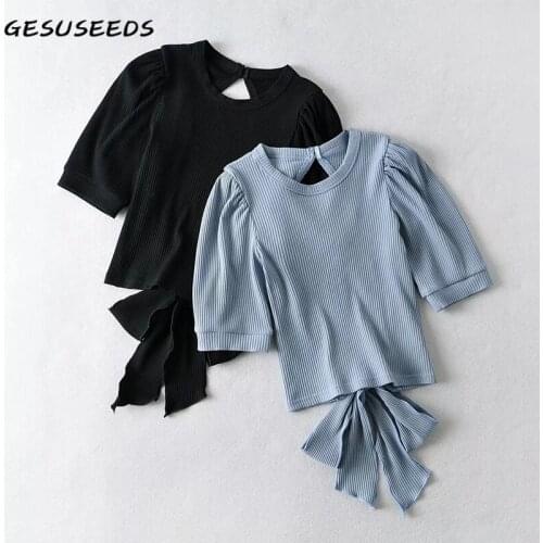 Summer t shirt women sexy backless top ribbed short sleeve shirts casual knitted cropped t shirt korean o neck lace up top black