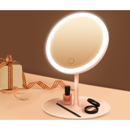 Small Led Makeup Mirror With Lamp Desktop Mirror Female INS Three-color Fill Light Mirror Portable Circle HD Pink Vanity Mirror