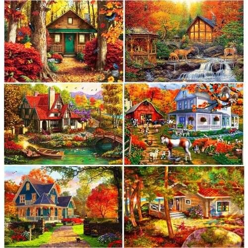 DIY Diamond Painting Art House Scenery Full Drill Square/Round Diamond Mosaic Embroidery Kit Autumn Landscape Craft Home Decor