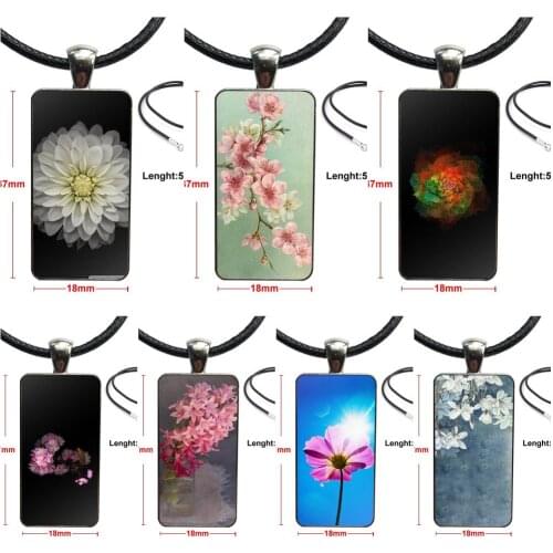 Necklace With Steel Plated Glass Cabochon Choker Long Pendant Rectangle Necklace For Girls Beautiful Colorful Flowers Print