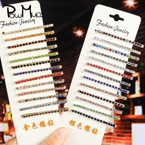 Powmuco 1 Pair Gold and Silver Double Row Rhinestone Bent Hair Clip Crystal Straight Hairpin Ponytail Barrette Women Accessories