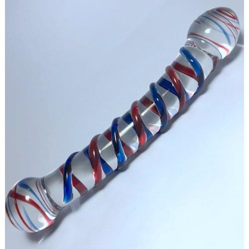 Double Head Blue Red Spiral Shape Crystal Glass Realistic Penis Female Masturbator Colorful Crystal Dildo Anal Dildo Butt Plug