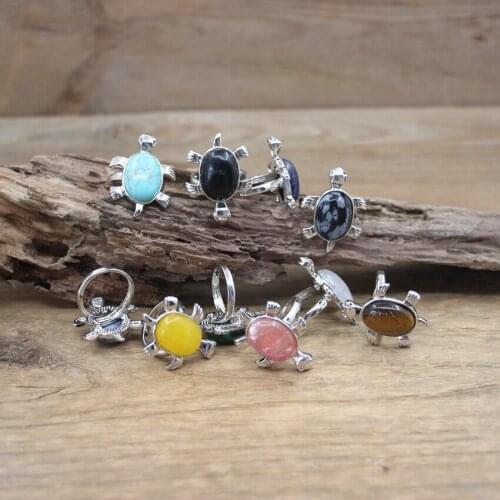 Lovely Tortoise Resizable Ring Natural Stone Lapis Tiger eye Turquoises Crystal Jades Turtle Rings Women Fashion Jewelry,QC4064