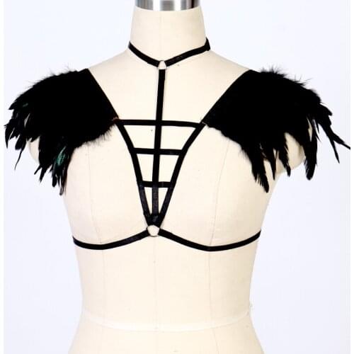 Sexy Black Fetish Feather Harness Angel Wing Bondage Cage Bra Goth Feather Epaulettes Harajuku Body Harness Blet plus size