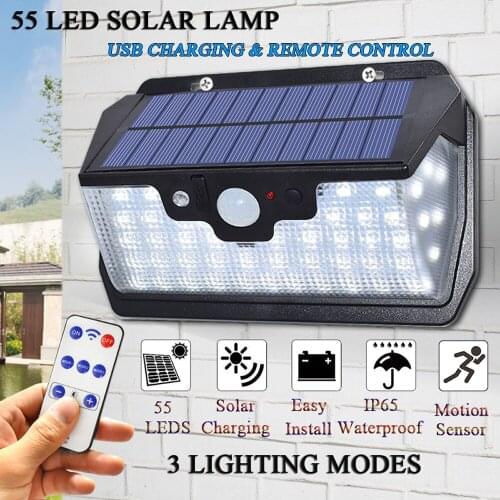 Super bright 55LED three-sided luminous solar rechargeable wall light with remote control human body induction garden path light