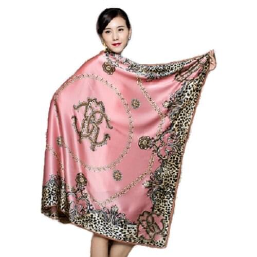 Vintage 100% Silk Scarf Women Oversized Square Leopard Shawl Wraps Sunscreen Cape Party Accessories 110cm