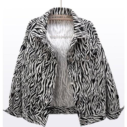 Zebra Pattern Print Short Denim Jacket Women 3 Color Loose Long sleeve Jeans Jackets Coat 2021 Spring Vintage Outerwear Female