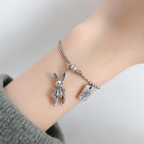 S925 sterling silver Hip-hop bunny girlfriends bracelet ins niche design Chain Rabbit Geometric Pendant Bracelet Fashion Female