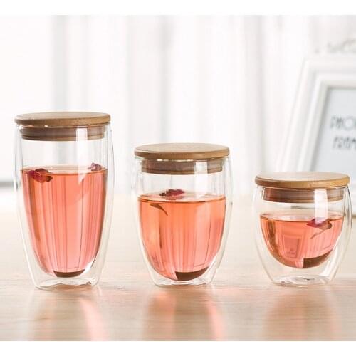 1pcs Creative Double Layer Wall Glass Coffee Cup Personalized Mug Bamboo Cover Lid Heat-resistant Transparent Cup Drinkware