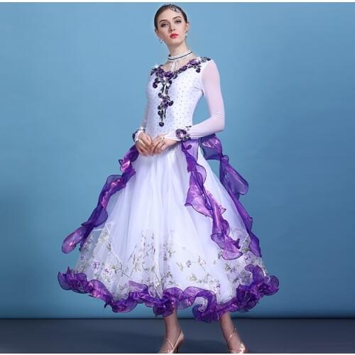 2018 new floral prints Rhinestones Womens ballroom dance competition dresses Long sleeve Stage Waltz Modern dance Costumes