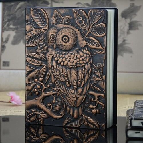 1PCS Vintage Thick Handmade Leather Carving Owl Bullet Notebook Journal Cute Sketchbook Paper Weekly Planner Accessories