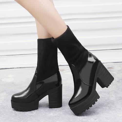 Fashion Socks Boots Women Platform Punk Heels Black Ankle Shoes Ladies Footwear Ankle Boots Women Water-proof Shoes Ladies